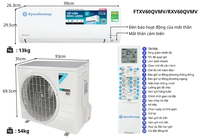 Thông số kỹ thuật điều hoà Daikin 20500BTU 2 chiều inverter FTXV60QVMV